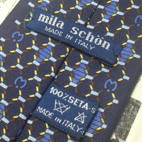ミラショーン mila schon 微光沢 ネクタイ イタリア製 シルク100% パターン柄 濃紺系 ネイビー系 N-007442