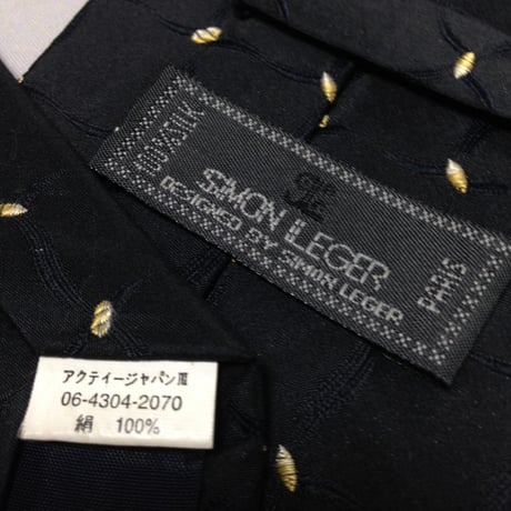 シモンレジェ SIMON LEGER 美品 微光沢 ネクタイ シルク100% パターン柄 黒系 ブラック系 V-009398