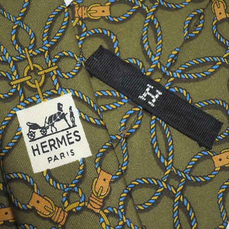エルメス HERMES 良品 微光沢 ネクタイ フランス製 シルク100% ベルト柄 カーキ系ベース G-004921