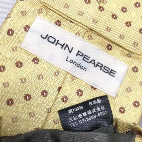 ジョンピアース JOHN PEARSE 美品 未使用品 微光沢 ネクタイ 日本製 シルク100% パターン 黄系 イエロー系 V-009411