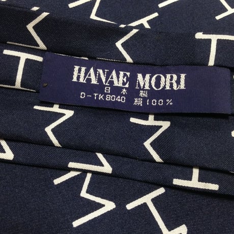 ハナエ モリ HANAE MORI 良品 微光沢 ネクタイ ブランドロゴパターン柄 アスコットタイ 濃紺系 ネイビー系 Q-009209