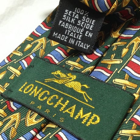 ロンシャン Longchamp 美品 微光沢 ネクタイ イタリア製 碇柄 旗柄 マリン系 緑系ベース グリーン系 V-009371