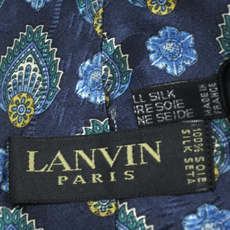 ランバン LANVIN 美品 微光沢 ネクタイ フランス製 シルク100% パターン柄 濃紺系 ネイビー系 K-005389