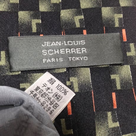 ジャン ルイ シェレル JeanLouis Scherrer 美品 微光沢 ネクタイ シルク100% パターン柄 黒系 ブラック系 W-009421