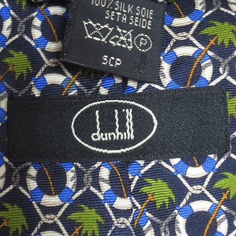 ダンヒル dunhill 美品 未使用品 ネクタイ イタリア製 シルク100% 南国風 ヤシの木 浮き輪 濃紺系 ネイビー F-004795