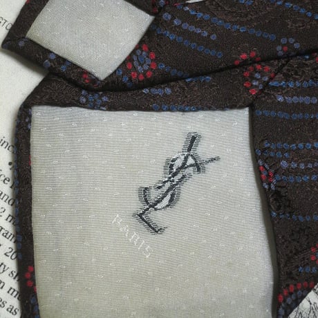 イヴサンローラン Yves Saint Laurent YSL 良品 微光沢 ネクタイ パターン柄 シャドーペイズリー柄 茶系ベース ブラウン E-004673