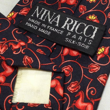 ニナリッチ NINA RICCI 美品 微光沢 ネクタイ フランス製 シルク 馬 植物 動物 アニマル 濃紺系 ネイビー系 Z-008291