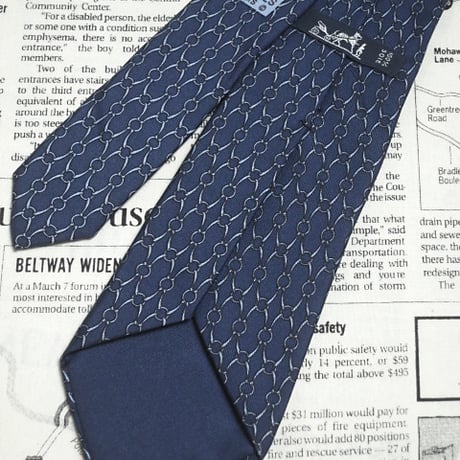 エルメス HERMES 微光沢 ネクタイ フランス製 シルク100% パターン柄 濃紺系ベース ネイビー系 Q-005686