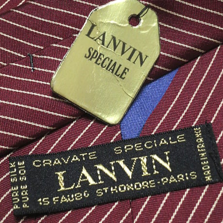 ランバン LANVIN 美品 新品未使用タグ付き 微光沢 ネクタイ フランス製 シルク100% 斜めストライプ レジメンタル ワインレッド系 赤系 J-005154