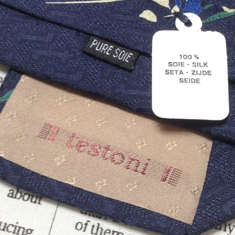 テストーニ testoni 美品 新品未使用タグ付 微光沢 ネクタイ フランス製 シルク100% 濃紺系 ネイビー系 M-007370