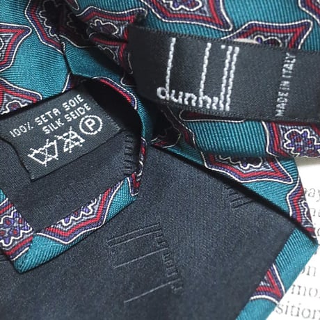 ダンヒル dunhill 微光沢 ネクタイ イタリア製 シルク100% パターン柄 グリーン系ベース 緑系 G-004917