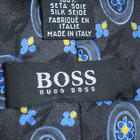 ヒューゴボス HUGO BOSS 美品 微光沢 ネクタイ イタリア製 シルク100% パターン柄 黒系ベース ブラック系 I-005106