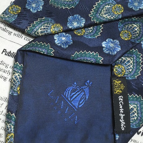 ランバン LANVIN 美品 微光沢 ネクタイ フランス製 シルク100% パターン柄 濃紺系 ネイビー系 K-005389