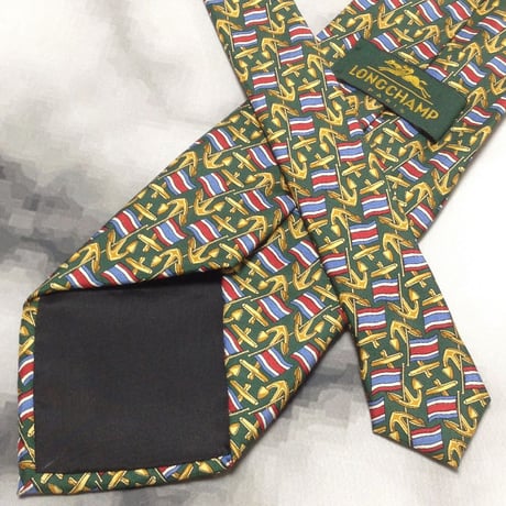 ロンシャン Longchamp 美品 微光沢 ネクタイ イタリア製 碇柄 旗柄 マリン系 緑系ベース グリーン系 V-009371
