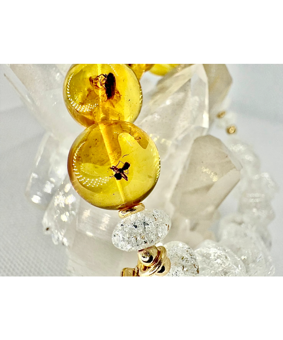 虫入り琥珀のブレスレット　アンバー 動画】【1点もの】虫入りアンバー(琥珀) タンブル 1連(ブレス