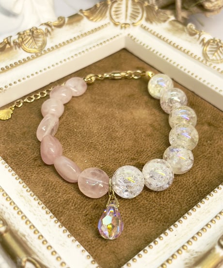 rose quartz×crystal ブレスレット（スワロフスキークリスタルチャーム付）