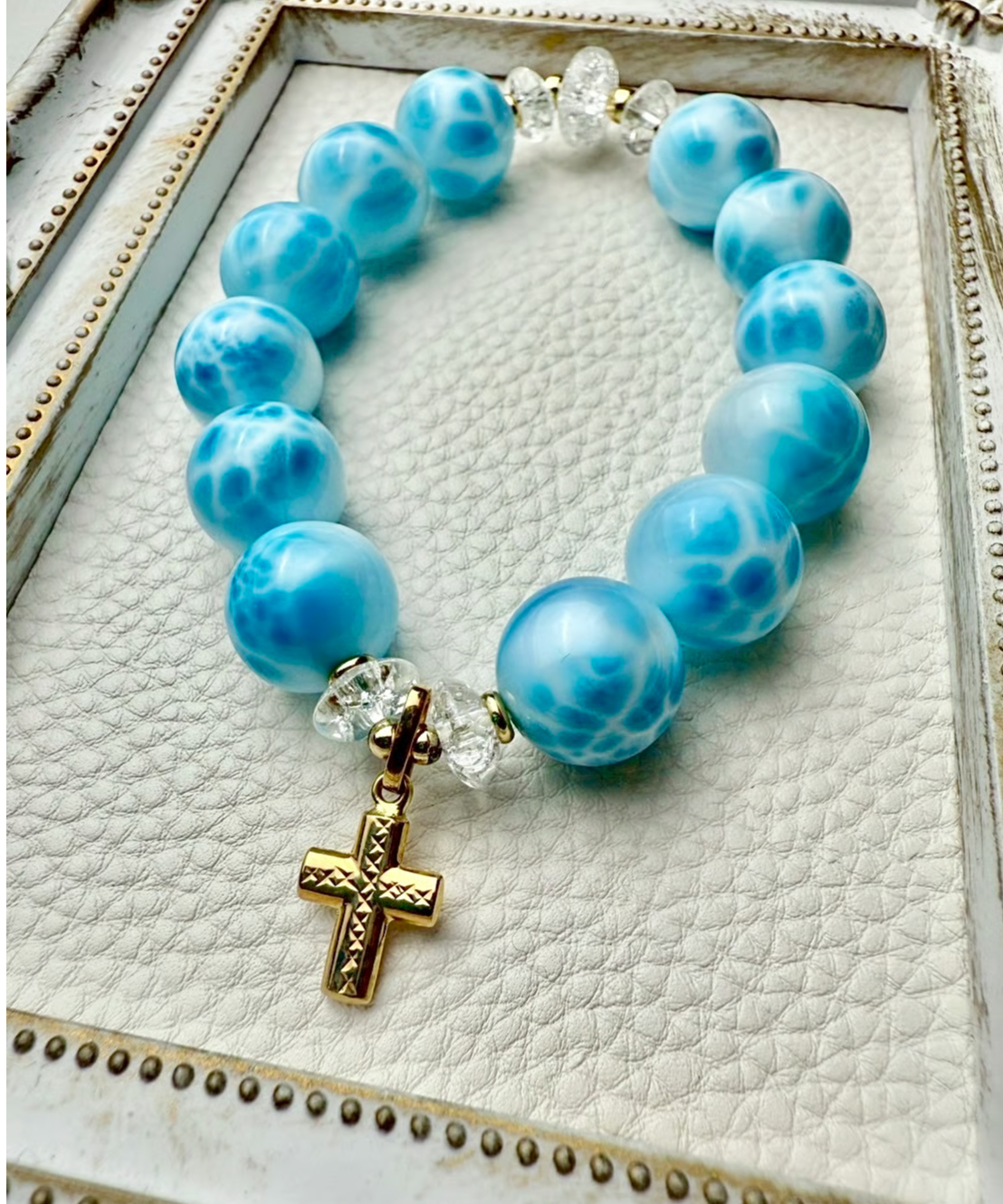 カリブ海の宝石❣️極上品質❣️大玉ラリマー・アイリスクォーツデザインブレスレット❣️ 極上ラリマーSA【オーバル型カボションカット】ワイヤーラップ