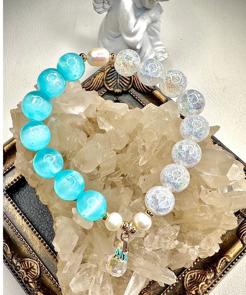 天然石♡クラック水晶とスワロフスキーの万能サマーブレスレット  