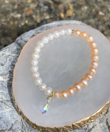 freshwater pearl× freshwater pearl　pink（スワロフスキークリスタルチャーム付）
