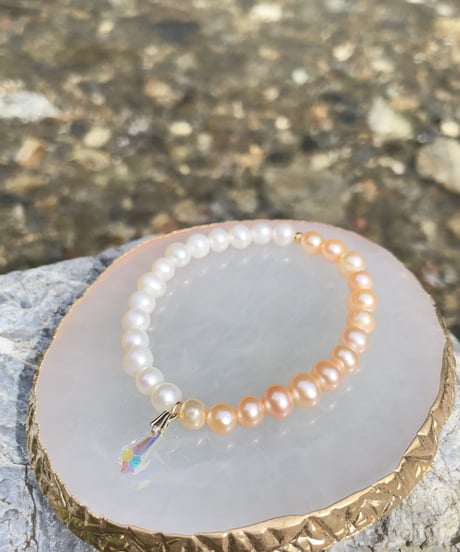 freshwater pearl× freshwater pearl　pink（スワロフスキークリスタルチャーム付）