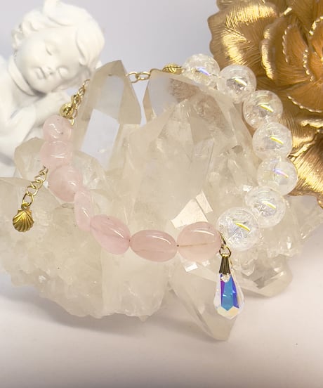 rose quartz×crystal ブレスレット（スワロフスキークリスタルチャーム付）