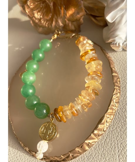 Green aventurine　×  citrine  （聖ベネディクトメダイチャーム）