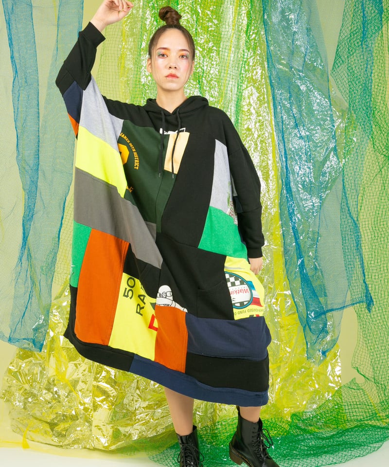 古着リメイク　ゆったりチェックパーカーとモノトーンパッチワークワンピース 3da344ce290a050fc9086ff4e3957a