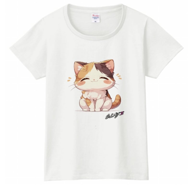 少し太った三毛猫バジル2：Tシャツレディース（ホワイト