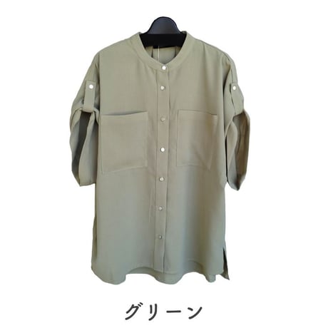 大きめポケット　つや感　サファリ　ブラウス　シャツ