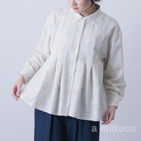 デシン　花柄プリント　幅広タック　シャツ　ブラウス　【アイボリー】　レディース　M~Lサイズ