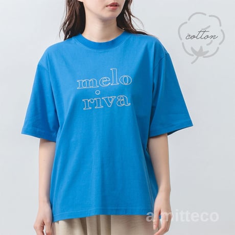 綿100％　配色ロゴ刺繍　やわらか　半袖　Tシャツ　【ブルー】　M~Lサイズ