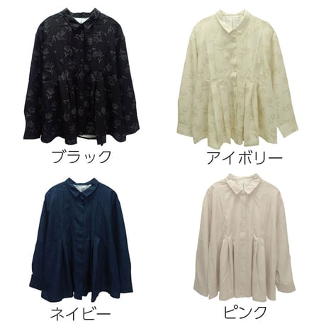 デシン　花柄プリント　幅広タック　シャツ　ブラウス　【アイボリー】　レディース　M~Lサイズ