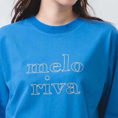 綿100％　配色ロゴ刺繍　やわらか　半袖　Tシャツ　【ブルー】　M~Lサイズ