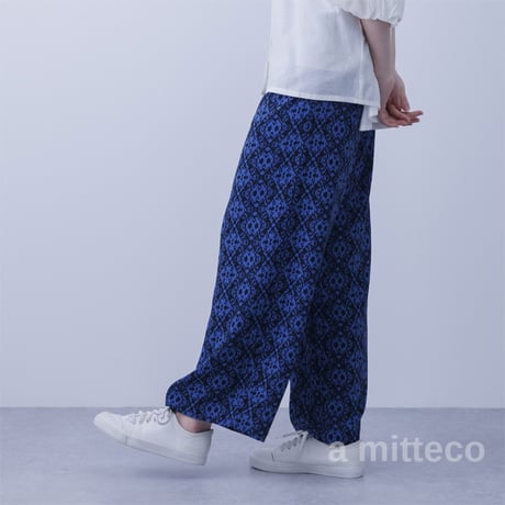 イージーケア　麻タッチ　プリント　ゆったりパンツ　【オリエンタル】　レディース　Mサイズ