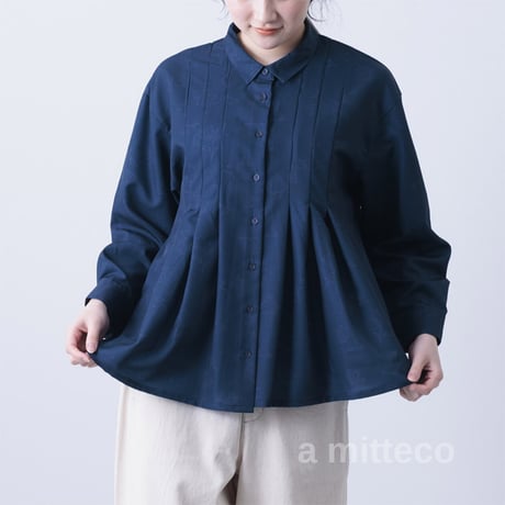 デシン　花柄プリント　幅広タック　シャツ　ブラウス　【ネイビー】　レディース　M~Lサイズ