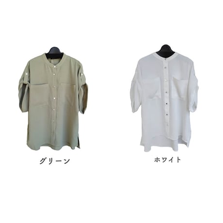 大きめポケット　つや感　サファリ　ブラウス　シャツ