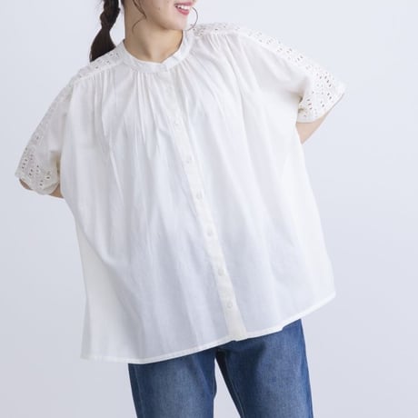 綿100％　無地xシフリー　刺繍　前開き　5分袖　ブラウス　【ブラック】　M~Lサイズ  のコピー