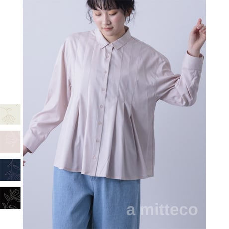 デシン　花柄プリント　幅広タック　シャツ　ブラウス　【アイボリー】　レディース　M~Lサイズ