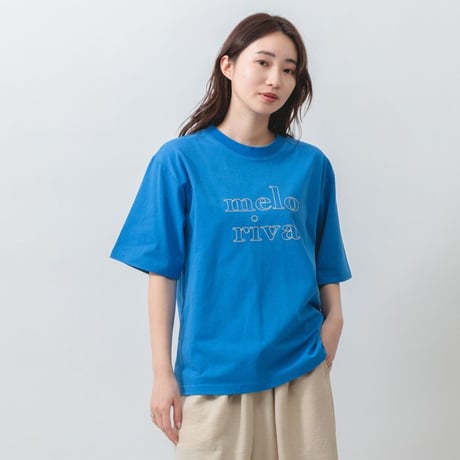 綿100％　配色ロゴ刺繍　やわらか　半袖　Tシャツ　【ブルー】　M~Lサイズ