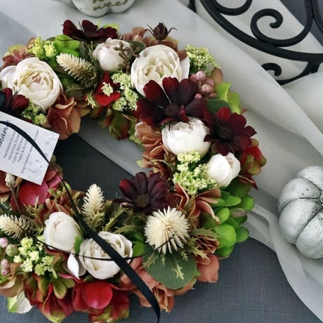 秋色のリース　シーグラス／天然石／原画／花 秋色のリース シーグラス／天然石／フレームアート／壁掛け