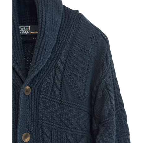 USED  POLO RALPH LAUREN INDIGO ARAN SHAWL SWEATER