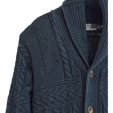 USED  POLO RALPH LAUREN INDIGO ARAN SHAWL SWEATER