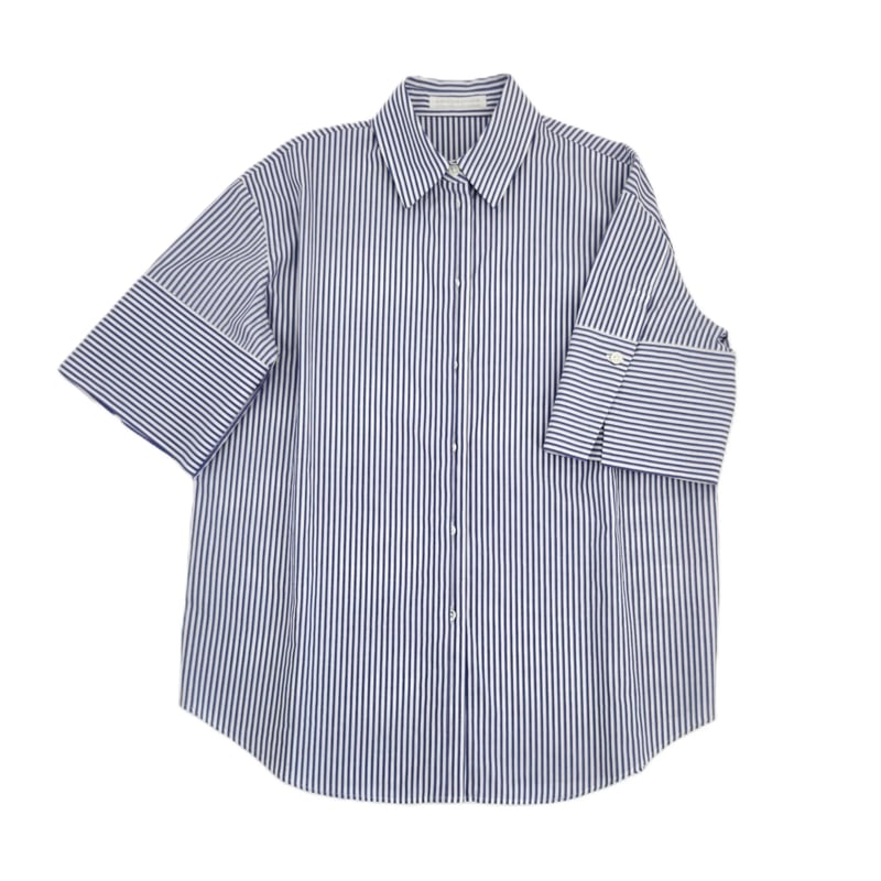 半比翼の五分袖シャツ(ストライプ柄パープル）日本製 | ENTRANCE-G STORE