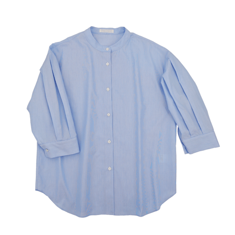 ボリューミーなパフスリーブ[九分袖]シャツ(ピンストライブ柄ライトブルー)　日本製