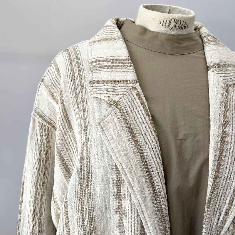 ★美品★ルネ リネン　ストライプ　テーラード　ジャケット　ホワイト オリジナルフレンチリネン/シルクネップストライプ テーラード