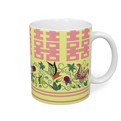 【アトリエ・エードット】オリジナルデザイン 中華風  花蝶柄 マグカップ ダブルハピネス イエロー