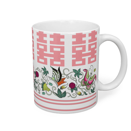 【アトリエ・エードット】オリジナルデザイン 中華風  花蝶柄 マグカップ ダブルハピネス ピンク