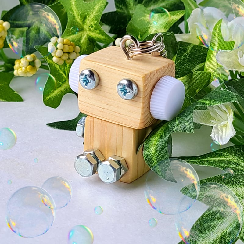 木製ロボットキーホルダー(ヒノピコホワイトリトル) | MORIE工房