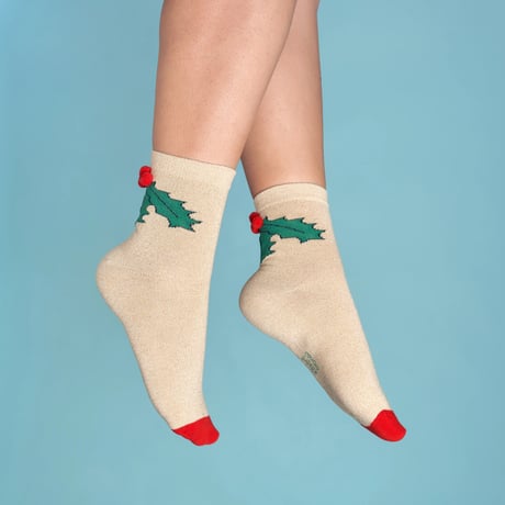 【Coucou Suzette】【ククシュゼット】Christmas Holly 柊木 pom-pom socks ポンポン 靴下