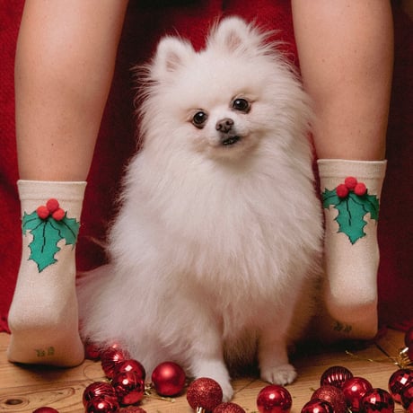 【Coucou Suzette】【ククシュゼット】Christmas Holly 柊木 pom-pom socks ポンポン 靴下